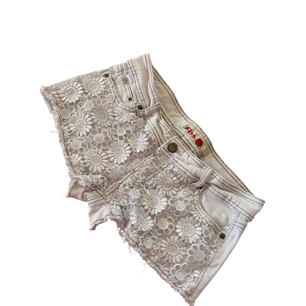 Y2K 2000s style 1st Kiss Denim‎ Cut Off Shorts Floral Crochet Lace Overlay
